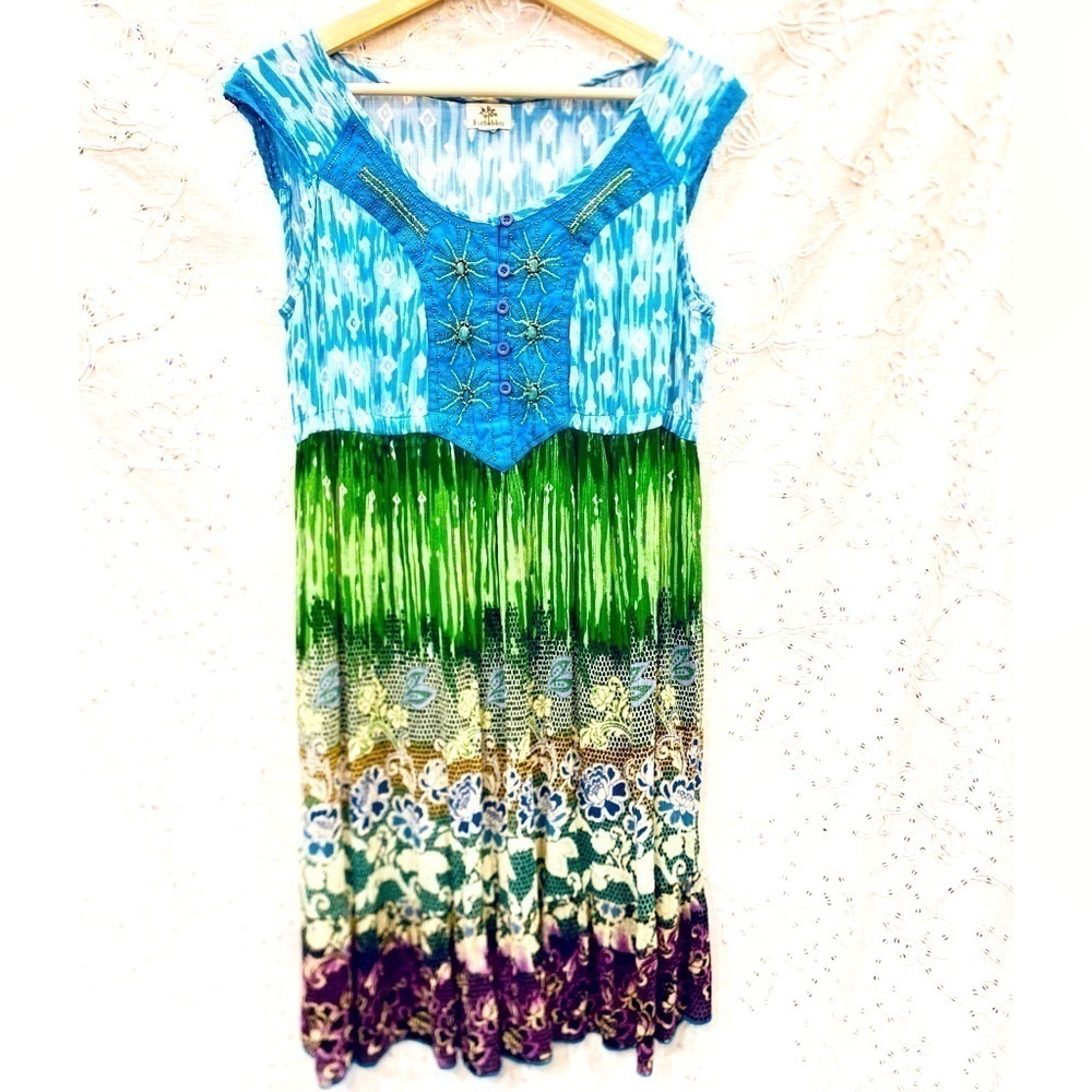 Forbidden Vintage Bohemian Style MIDI Length Beaded Button Front Dress Size M